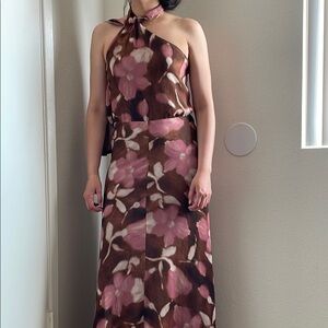BAYMO LABEL DRESS Pink and Brown Halter Maxi Sundress for Weddings